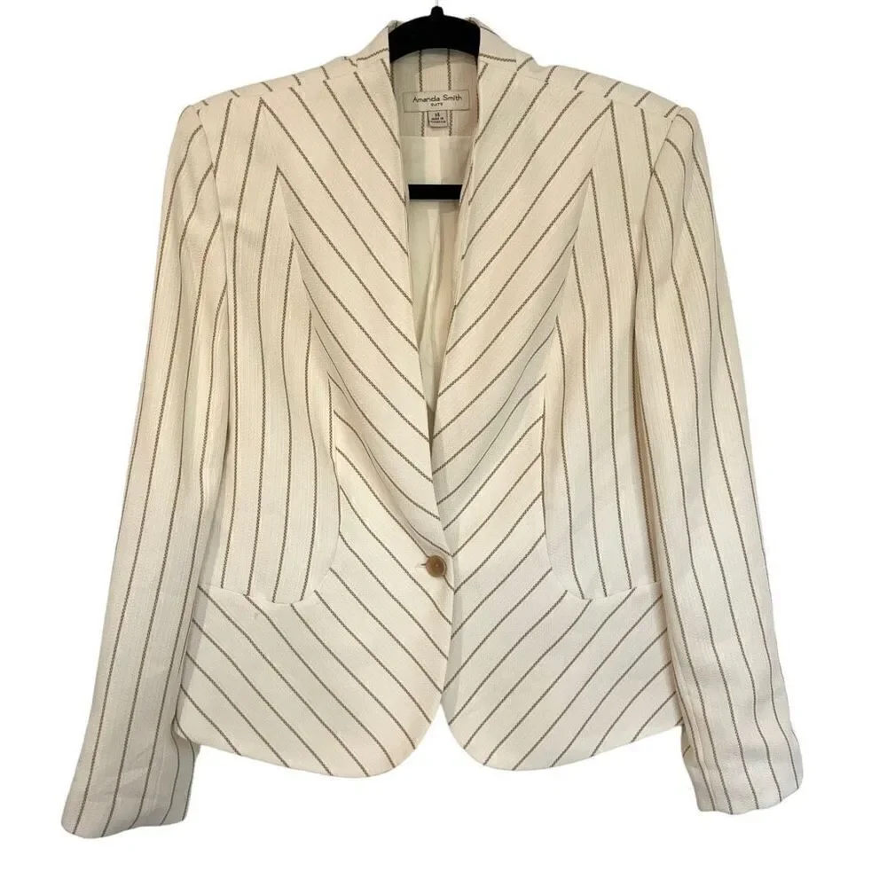 Amanda Smith Women's Cream Geometric Striped Suit Jacket Single Breasted Size 14
